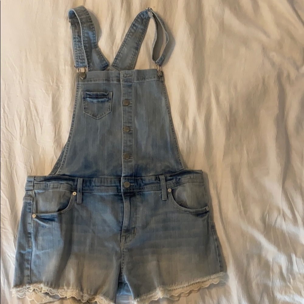 denim short overalls with lace detail